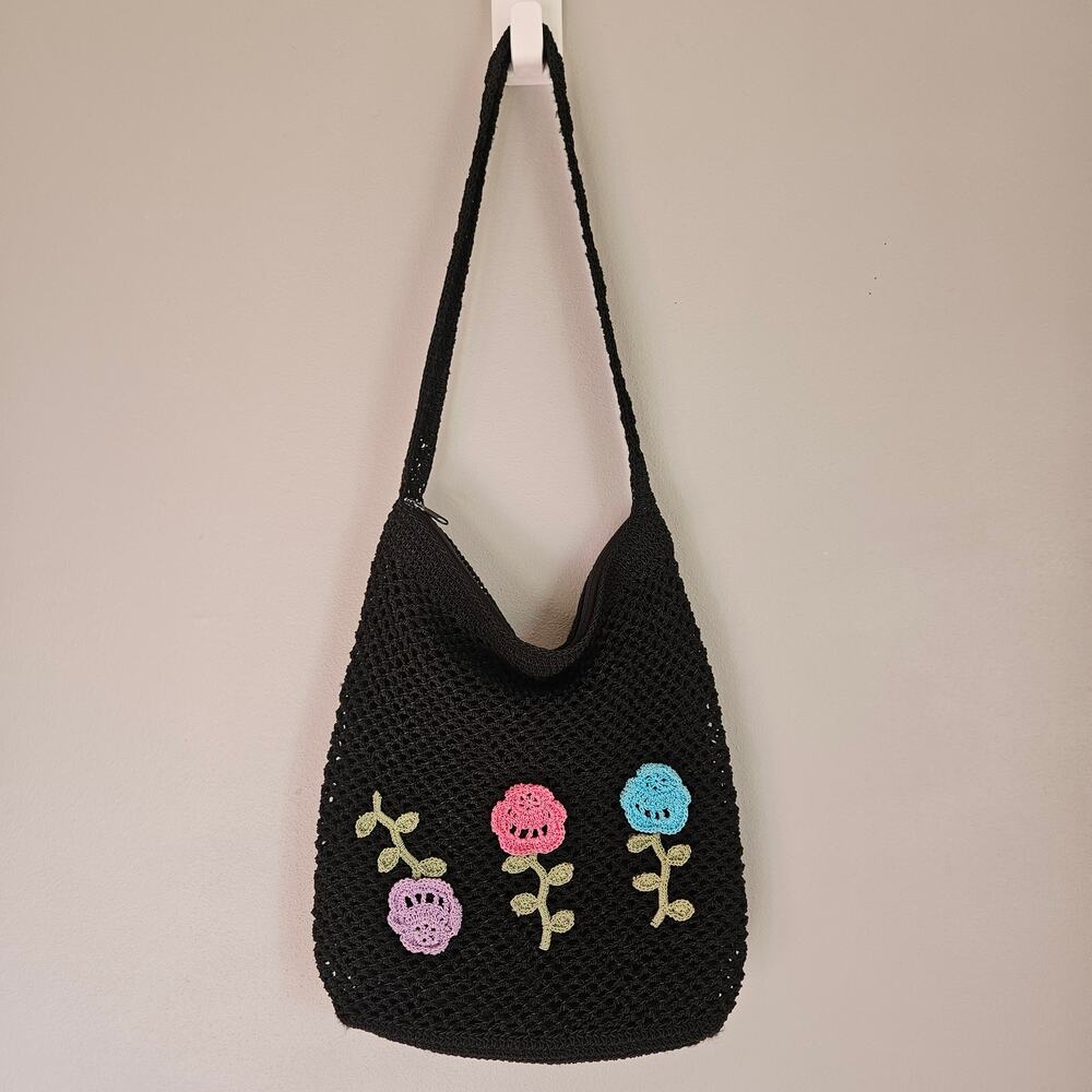 Sonoma Y2K Black Crochet Shoulder Bag Floral Knit Tote Boho Cottage Spring Purse